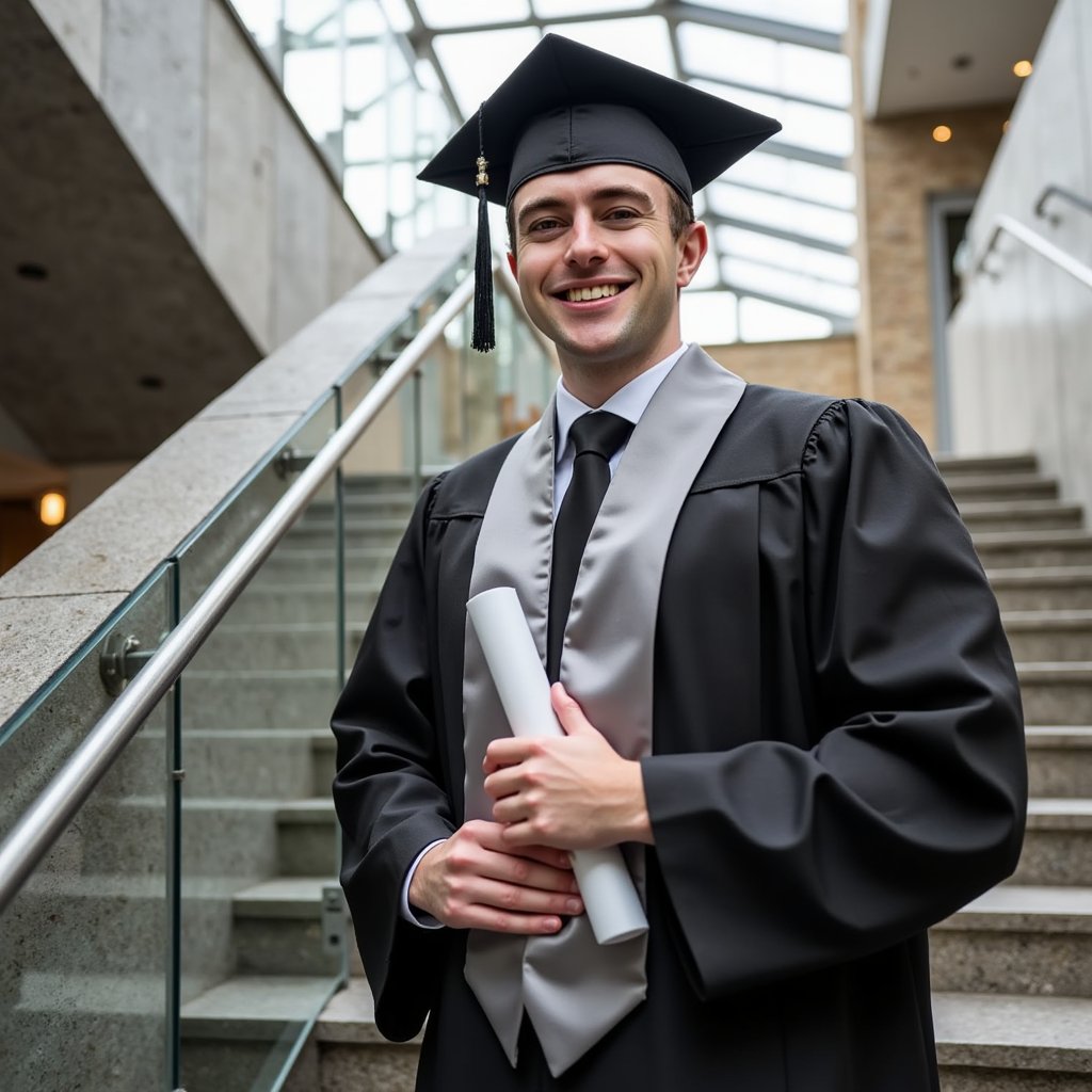 Waist-up image of a man graduate leaning gently against a modern concrete stair railing, indoor daylight streaming from a skylight above; wearing a slim black gown, silver satin stole, crisp white collar visible underneath; slicked-back hair, light stubble, composed neutral face; camera slightly below chest level for upward depth, 50 mm lens, f/2.5; lighting: bright diffused top-light forming natural shadows, highlighting gown texture; background: clean geometric lines of the stairwell, shallow focus; micro-contrast on fabric folds, skin pores, metal railing grain; mood sleek, professional, highly detailed, highly realistic, HDR.