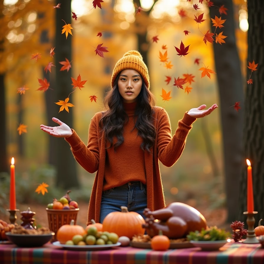 A woman dressed in autumn colors, standing in a forest surrounded by fall leaves. She’s smiling as she throws a handful of colorful leaves into the air, creating a whimsical, joyful atmosphere. Sunlight filters through the trees, adding a golden glow to the scene