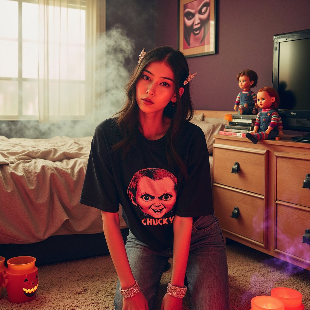 young woman kneels beside her bed in a Y2K-style girly bedroom. She wears low-rise jeans with rhinestone details, a cropped baby tee with a glittery Halloween print, and jelly bracelets stacked on her wrists. Her wavy hair is pinned back with sparkly barrettes, makeup shimmering with frosted eyeshadow. Around her are scattered Halloween candy buckets and VHS tapes stacked near the TV. The lighting is warm and grainy, as if shot with a disposable camera. On the dresser behind her, the Chucky doll from Child’s Play sits upright, his stitched grin faintly catching the glow.