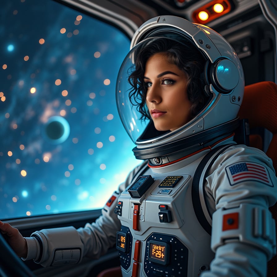 Inside the cockpit of a starship, a woman pilot is seated, steering through a beautiful, starry galaxy. She is wearing a modern flight suit with digital panels and displays illuminating her face. Outside the window, stars, planets, and swirling cosmic dust stretch infinitely, creating a sense of vastness and wonder