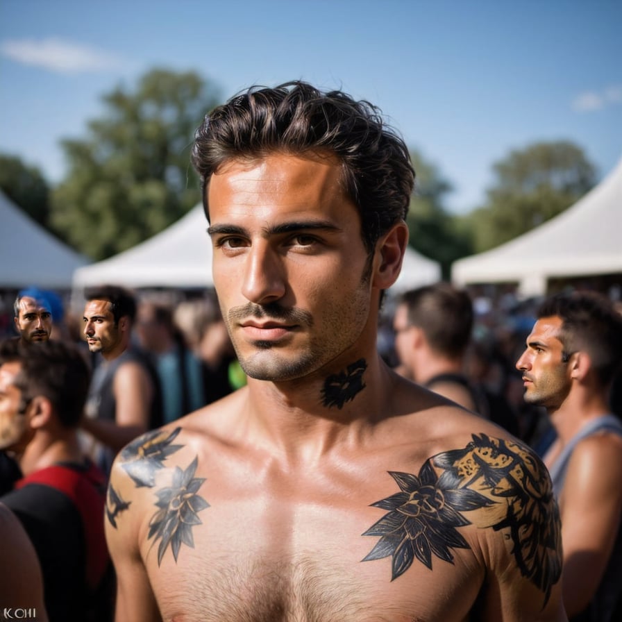 Bold, artistic man, body art, expressive festival spirit.