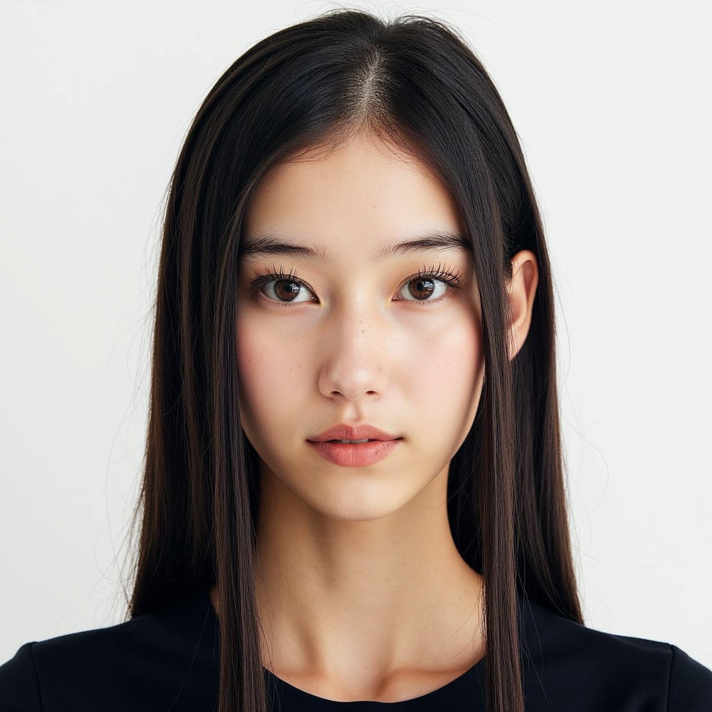 A highly detailed HDR passport-style portrait of a young woman in her mid-20s, captured in a close head-and-shoulders shot. She has long straight black hair, brushed neatly behind her shoulders with a center part. She wears a simple black round-neck top with matte fabric and no patterns. The background is bright pure white with absolutely no shadow. Lighting is soft frontal LED-style illumination to ensure full clarity of facial features. Her eyes are level with the camera, expression neutral and calm. Camera angle centered and symmetrical. The shot reveals fine details such as individual eyelashes, subtle reflections on her eyes, the smooth texture of her top, and soft natural skin texture. Ultra-clean, minimalistic, official passport vibe.