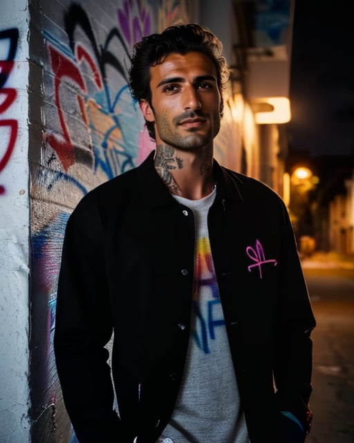 Handsome street punk, graffiti alley, detailed, hyper-realistic setting.