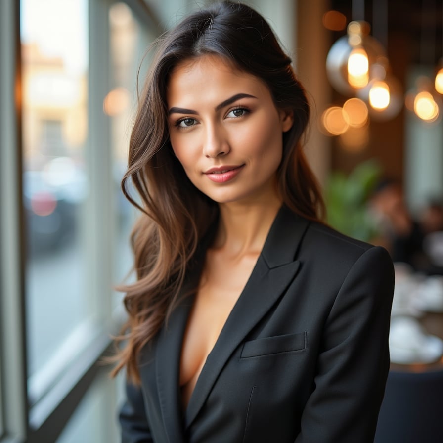 woman styled in a classy dress or blazer, with her hair neatly styled and subtle makeup. The background is an upscale indoor setting or softly blurred cityscape. Her expression is poised and confident, reflecting elegance and allure