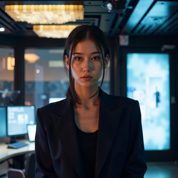 A cinematic thriller-style portrait of a woman (late 30s) inside a dark operations room, tight head-and-shoulders framing, camera at eye level with slight compression. Hair: tight low ponytail, clean edges. Face: realistic skin texture, faint under-eye lines, focused intense gaze straight into camera, lips neutral. Wardrobe: dark navy structured blazer, matte fabric with sharp folds, black inner top. Lighting: cool overhead key light creating controlled shadows under cheekbones, subtle rim light outlining head, faint monitor glow reflecting in eyes. Background: blurred dark walls with soft rectangular light shapes suggesting screens, no readable data. Camera: 85mm lens, f/2, shallow depth, cinematic contrast. Highly detailed, highly realistic, HDR quality, cinematic thriller tone, minimal background clutter.
