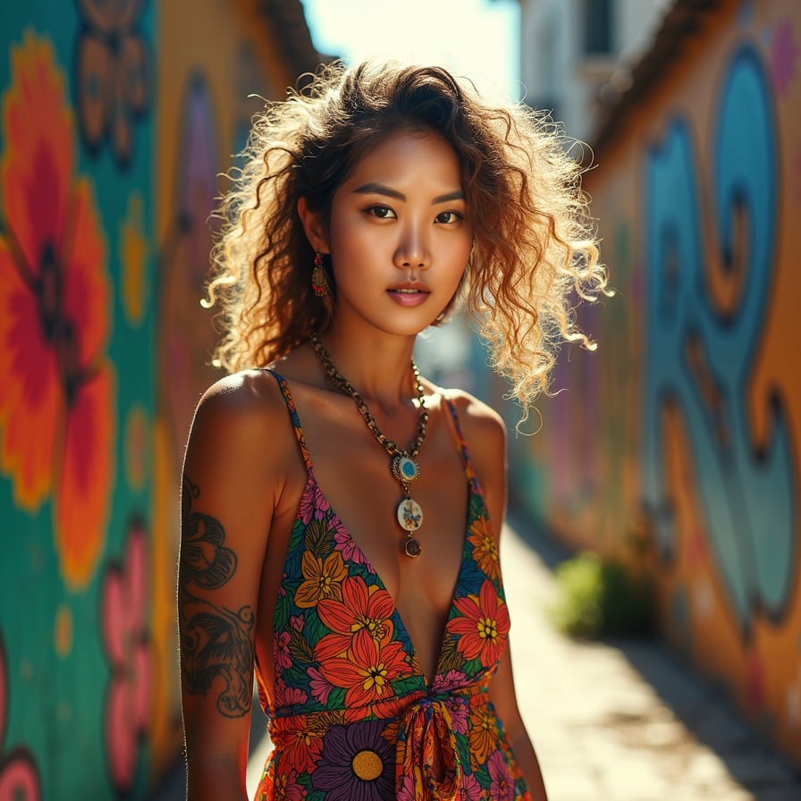 woman wearing vibrant colored dress, exotic floral patterns, curly hair, bright smile, warm sunlight, tropical paradise