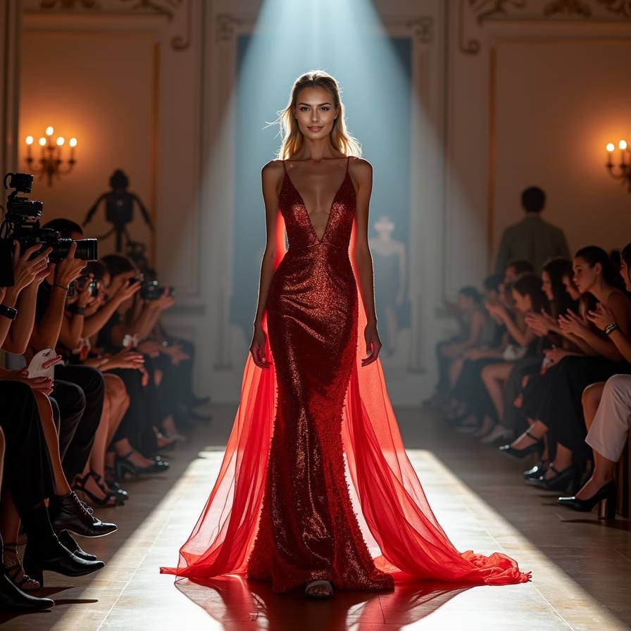 woman in a stunning, floor-sweeping evening gown, confidently strutting down a glamorous catwalk, surrounded by flashing cameras and a crowded audience, under the bright lights of a high-end fashion event.