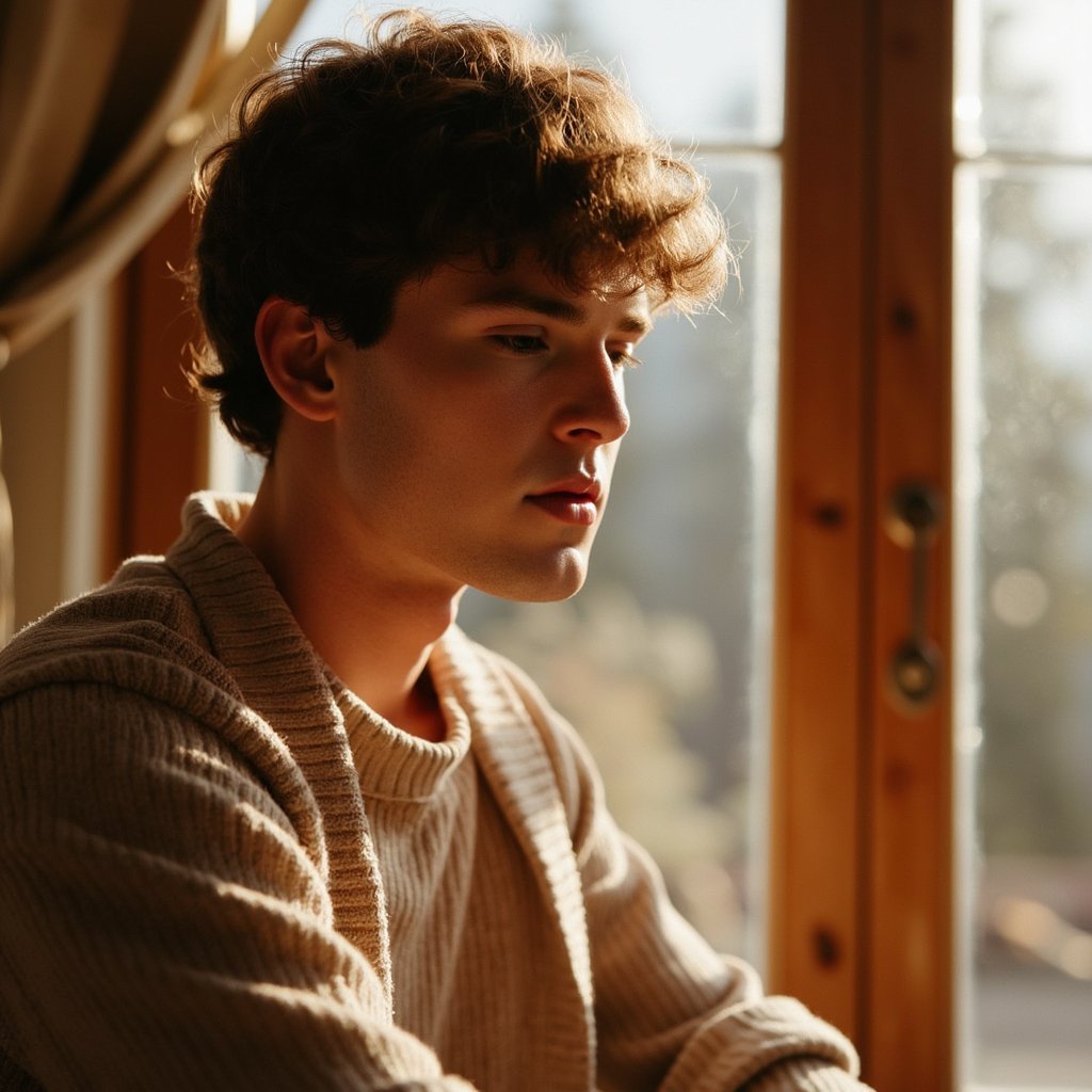 Highly detailed, highly realistic, hyperrealistic HDR portrait of a man (male, ~36 yrs) seated waist-up near a window with afternoon sunlight spilling from the left side. He wears a soft tan henley shirt with visible knit ribbing and rolled sleeves. His posture relaxed, gaze slightly downward in calm reflection. Camera angled at ~30° from his left, focus sharp on face and torso, shallow depth of field blurring the wooden window frame and faint outdoor foliage beyond. Light creates soft golden rim highlights on his jawline and shoulder. Visible texture: fabric weave, skin pores, fine arm hairs catching light. HDR, high resolution, high quality, highly detailed, photorealistic.