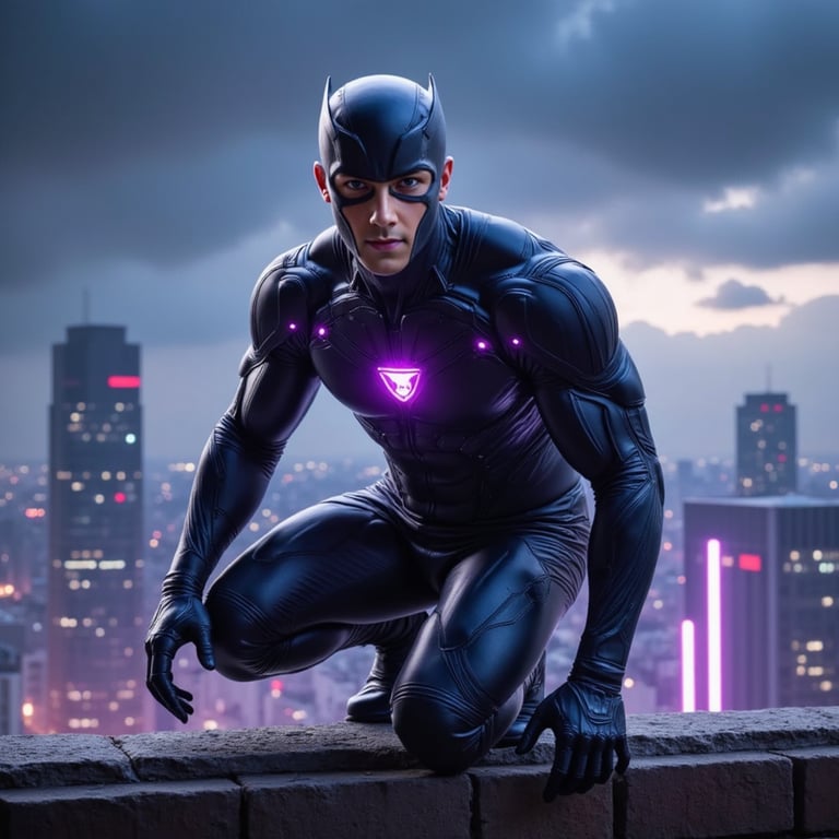 A dark-armored superhero in stealth gear with a violet energy core, crouching on