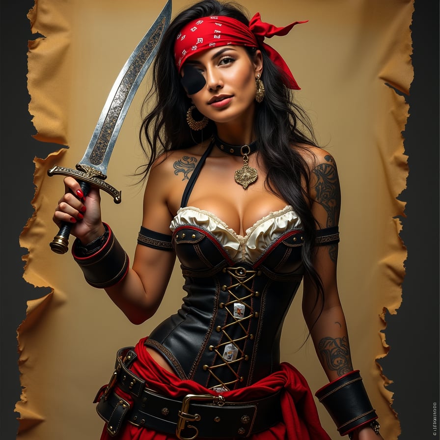 woman in a bold, provocative pirate costume, complete with a fitted corset, flowing pirate pants, and a bandana, posing seductively with a fake sword and a treasure map in the background, capturing the essence of swashbuckling adventure and pirate charm, dramatic lighting with a warm color tone, posing for a poster.