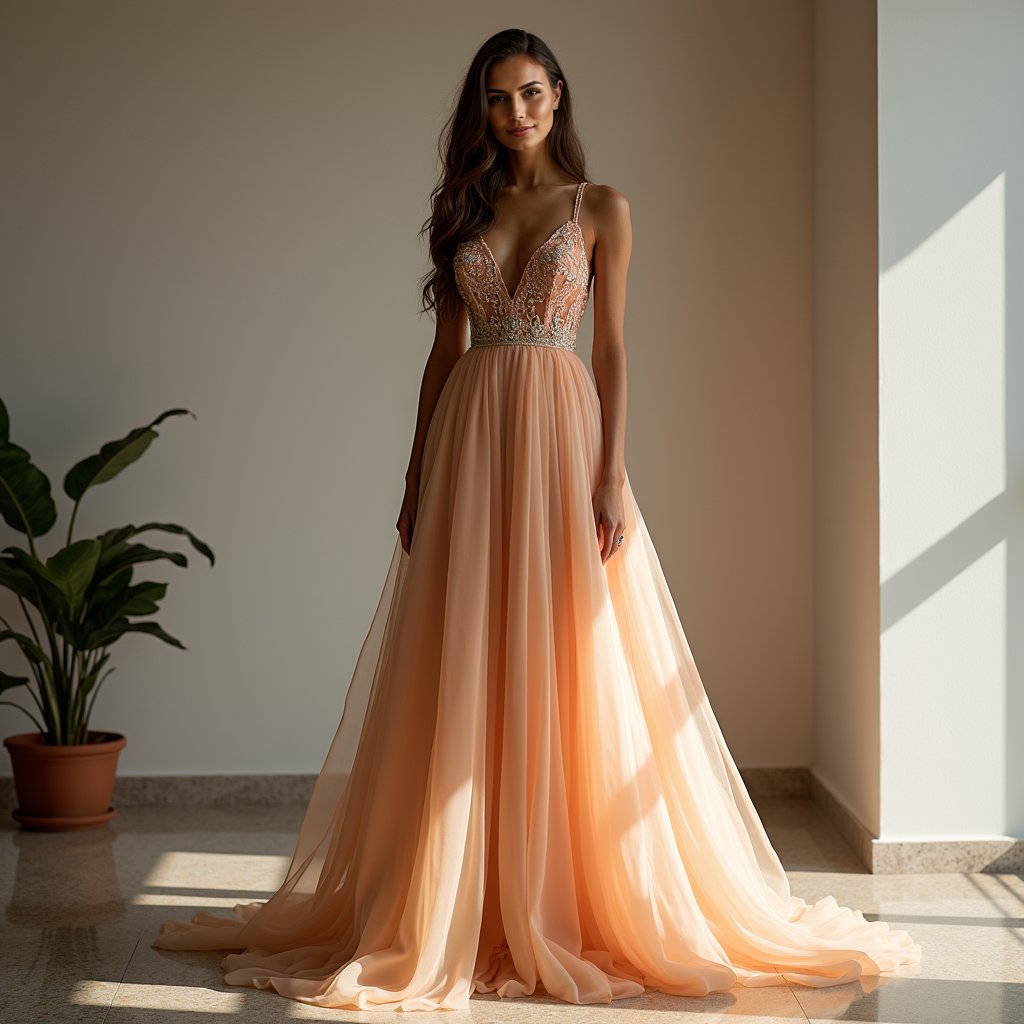 Stunning woman, multi-colored gown, plain wall, professional shot.