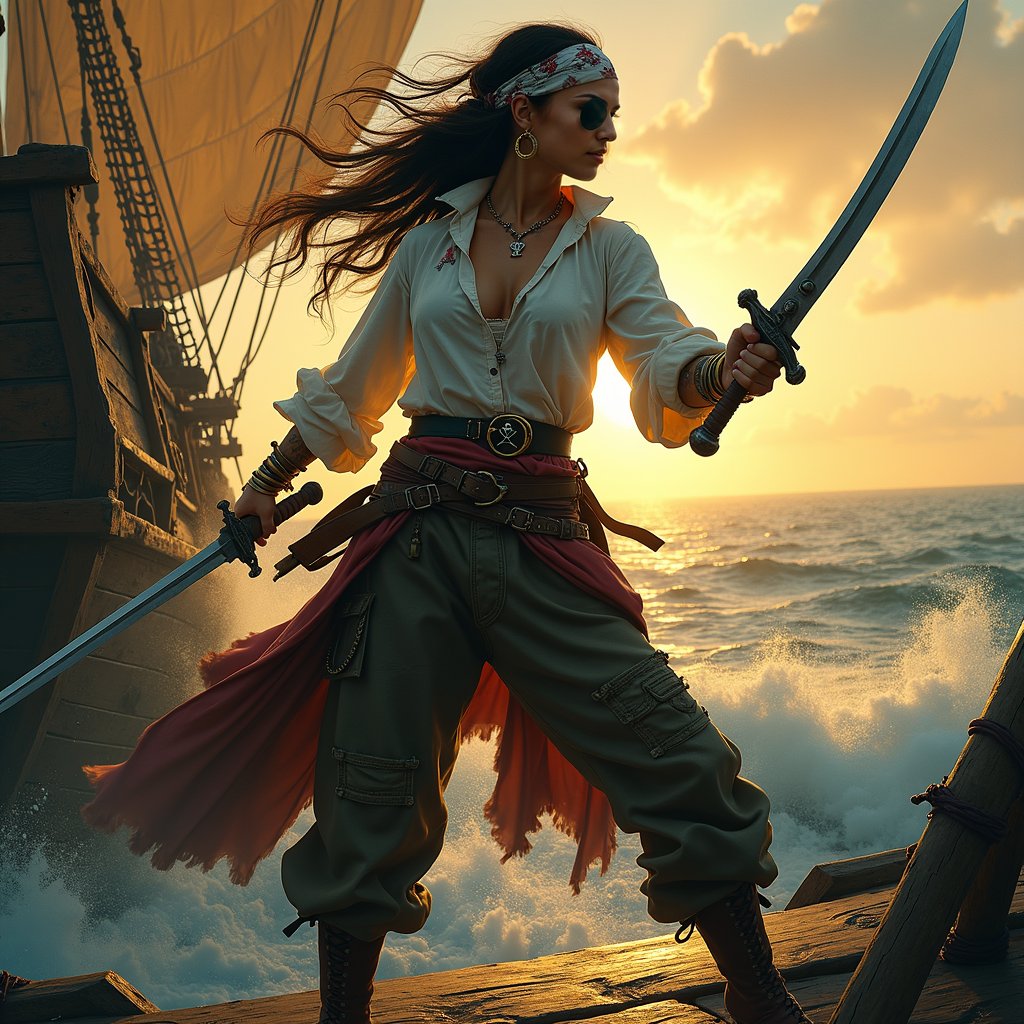 woman wielding a sword in a powerful, dynamic pose, dressed in rugged pirate attire with a flowing white shirt, billowy pants, and a wide leather belt, standing on the deck of a weathered pirate ship with tattered sails and a worn wooden hull, under the warm glow of a sunset with a hint of mist in the background.