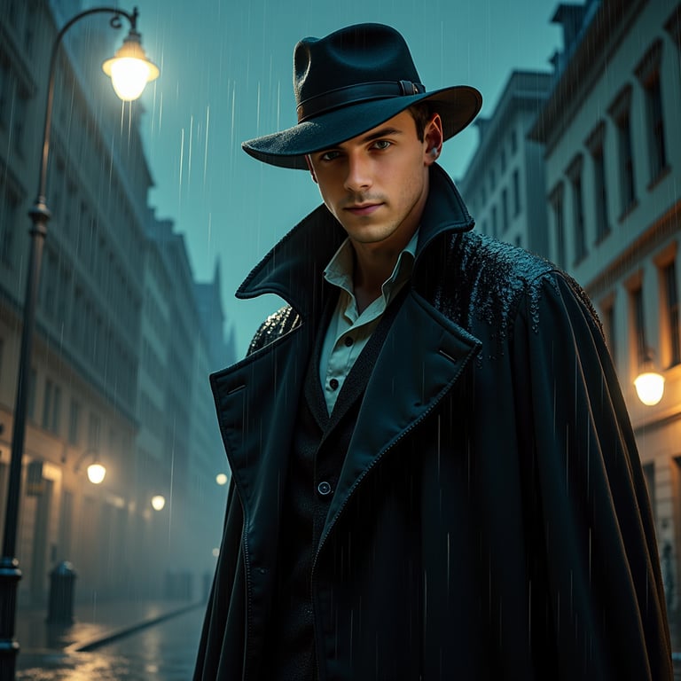 Depict a vampire detective standing under a streetlight on a rainy city street a