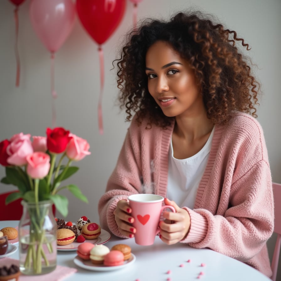 A model wearing a soft pink cardigan, sitting at a table adorned with Valentine's treats like cupcakes, macarons, and chocolates, holding a steaming mug with a heart design