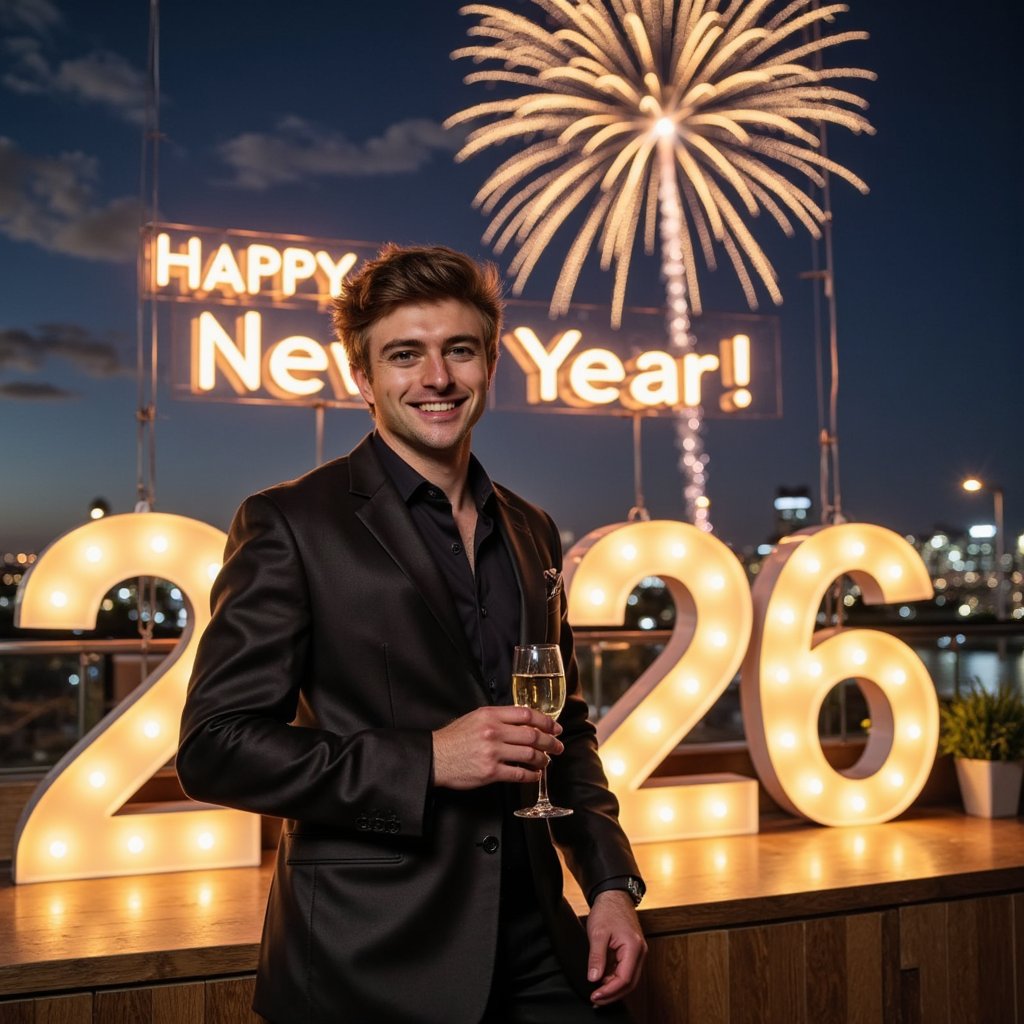 Highly realistic, HDR AI-generated New Year 2026 celebration image of a man, smiling confidently and posing for the camera. Wearing a tailored luxury suit or leather jacket, sharp fit with visible fabric texture. Hair styled perfectly, groomed beard or clean shave. Holding a champagne glass casually. Large illuminated “2026” numbers placed beside him, fireworks exploding in the night sky, glowing “Happy New Year” text above. Rooftop or terrace celebration setting with city lights. Bright festive lighting, ultra high resolution, premium AI New Year poster-style image.