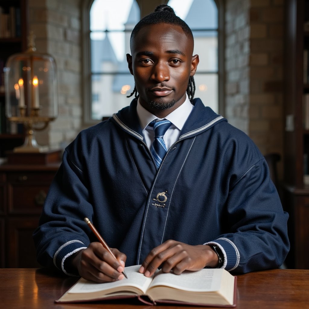 Ultra-detailed HDR seated portrait of a 17-year-old male Hogwarts student with light olive skin, clean-shaven face, and sharp cheekbones. Sleek dark hair pulled back into a short ponytail, neat sideburns framing ears. Wearing a deep-navy wool robe with silver-blue trim, crisp white cotton shirt, and perfectly knotted blue-striped tie. Pose: seated upright at a carved oak desk, left hand resting on an open leather-bound book, right hand poised with a quill mid-note, gaze fixed attentively toward an unseen professor. Camera: Leica SL2, 50mm f/2 prime, aperture f/2, camera placed at eye level directly across desk for intimate framing. Lighting: cool moonlight (5600K) streaming through tall arched window behind camera, supplemented by warm candlelight (3000K) from desk lamp casting golden glow on book and hands. Background: blurred Ravenclaw Tower stone wall with faint shadow of an arched bookshelf, minimal clutter for academic focus.