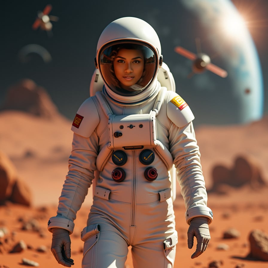 woman wearing a sleek white spacesuit, Mars landscape background with red planet terrain and dust storms, constructing a futuristic habitat module, with tools and components scattered around her, confident pose with a sense of determination and pioneering spirit.
