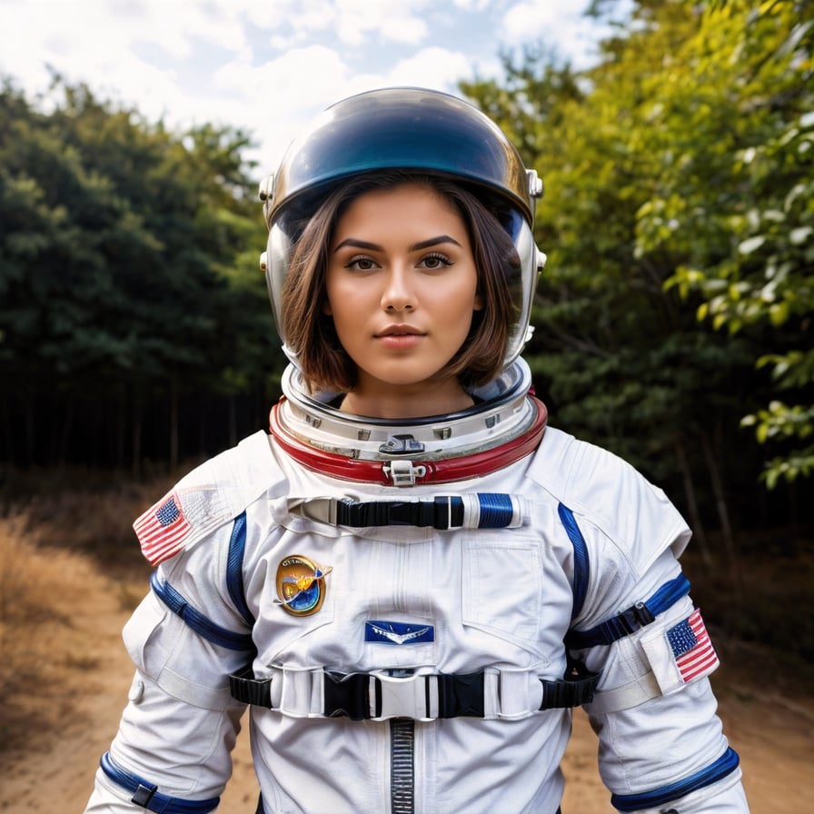 Heroic astronaut, white suit, Earth’s orbit backdrop, reflective visor.