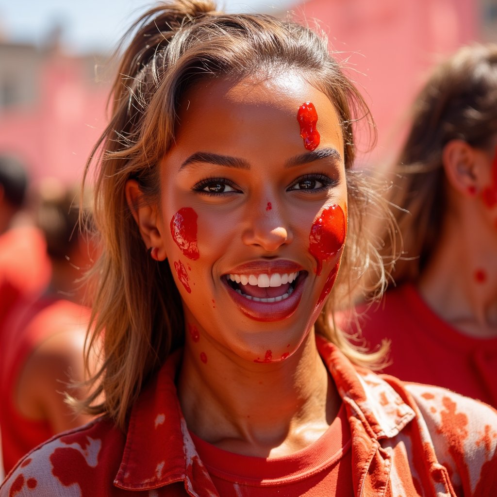 Headshot of a playful woman winking with tomato sauce smeared across one cheek, messy ponytail, red-stained festival shirt, pure La Tomatina joy
