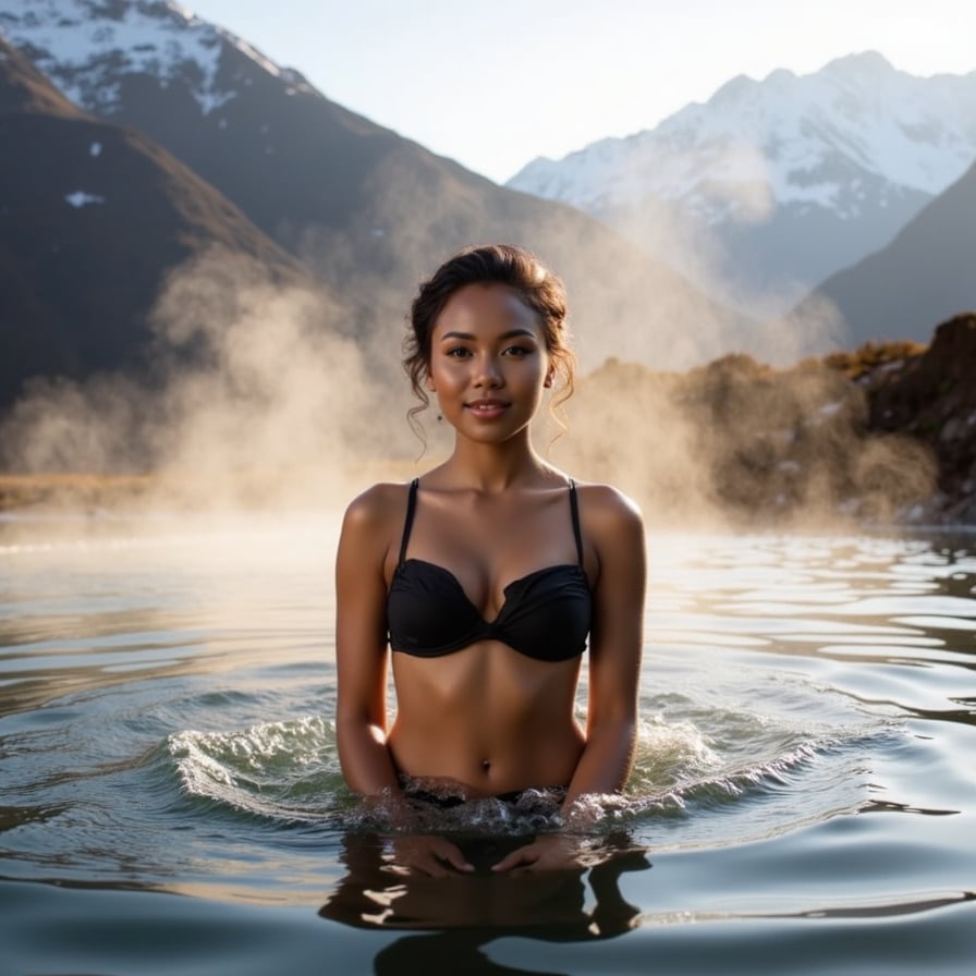 In the foreground, a woman in a thermal bikini relaxes in a steaming natural hot spring. Around her, wisps of steam curl and dissipate into the crisp air. Behind her, the rugged landscape of the Himalayas rises, with snow-capped peaks piercing the clear sky.  
