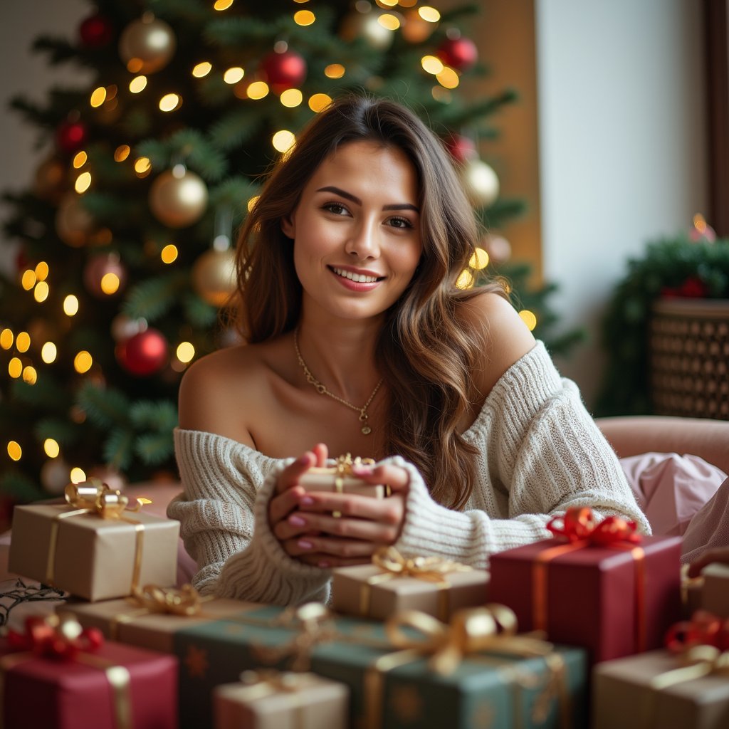 woman with a heartwarming smile, surrounded by thoughtful gifts, sharing warm hugs and gratitude with loved ones, soft natural lighting, cozy indoor setting with a subtle background blur.