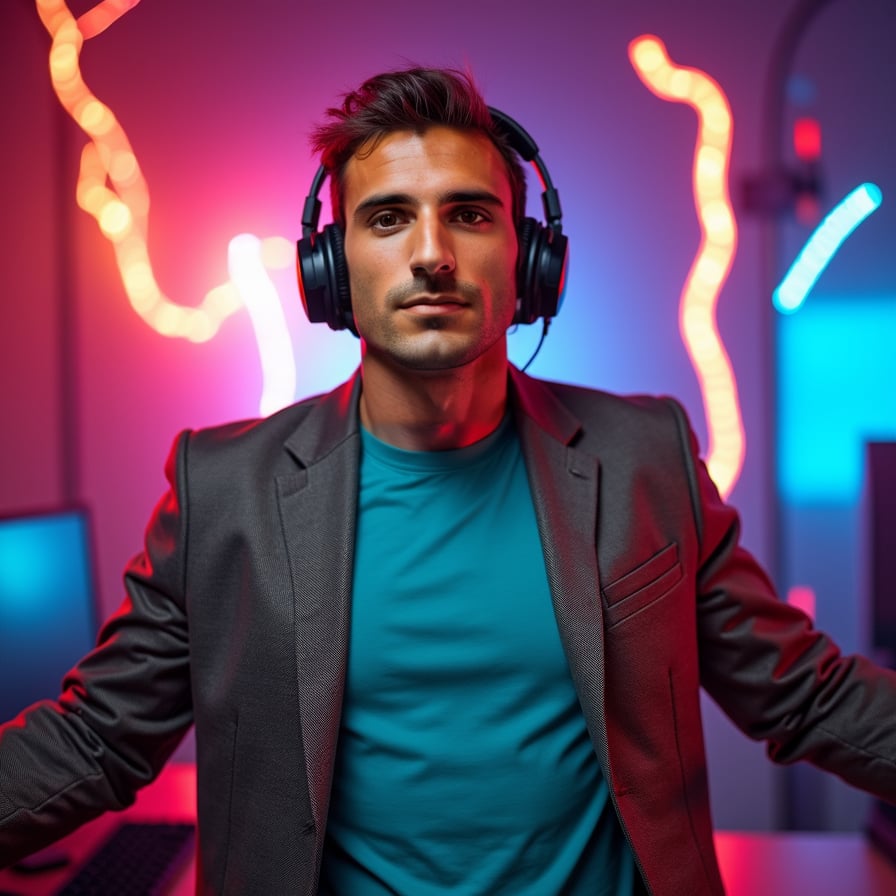 Generate a high-energy headshot of a man styled as an entertainer or gamer. He is wearing a headset or colorful attire, with an over-the-top excited expression. The background is vibrant, with explosive patterns or lightning bolts to match his content's lively theme