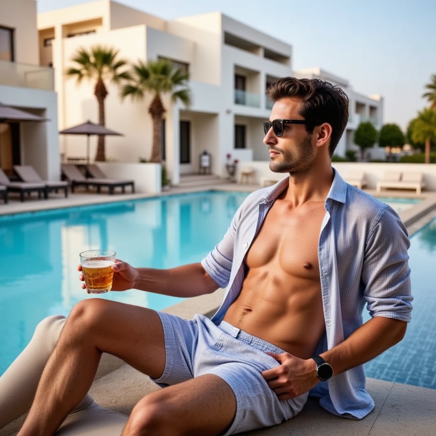 A stylish man lounges by a luxury pool, wearing designer swim shorts, dark sunglasses, and a lightweight open button-down shirt. He holds a chilled drink in one hand, with modern architecture and palm trees surrounding the pool area under a clear blue sky.