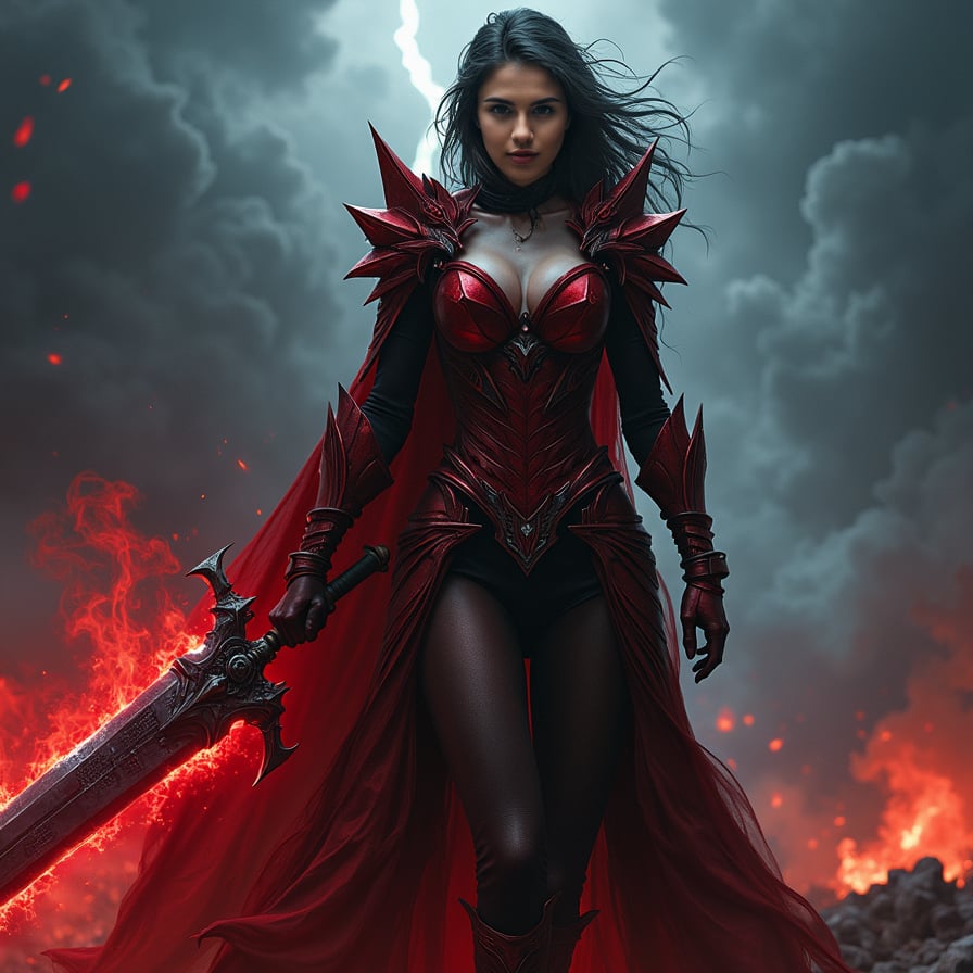 Depict a fierce vampire warrior woman clad in red armor that glows faintly as if forged in fire. Her expression is fierce, her eyes a piercing crimson, and she wields a massive, enchanted sword with runes that shine in the darkness. She stands in a war-torn battlefield with dark clouds looming overhead, lightning illuminating her as she appears ready to strike. The backdrop is intense and ominous, filled with smoke and faint embers floating in the air.