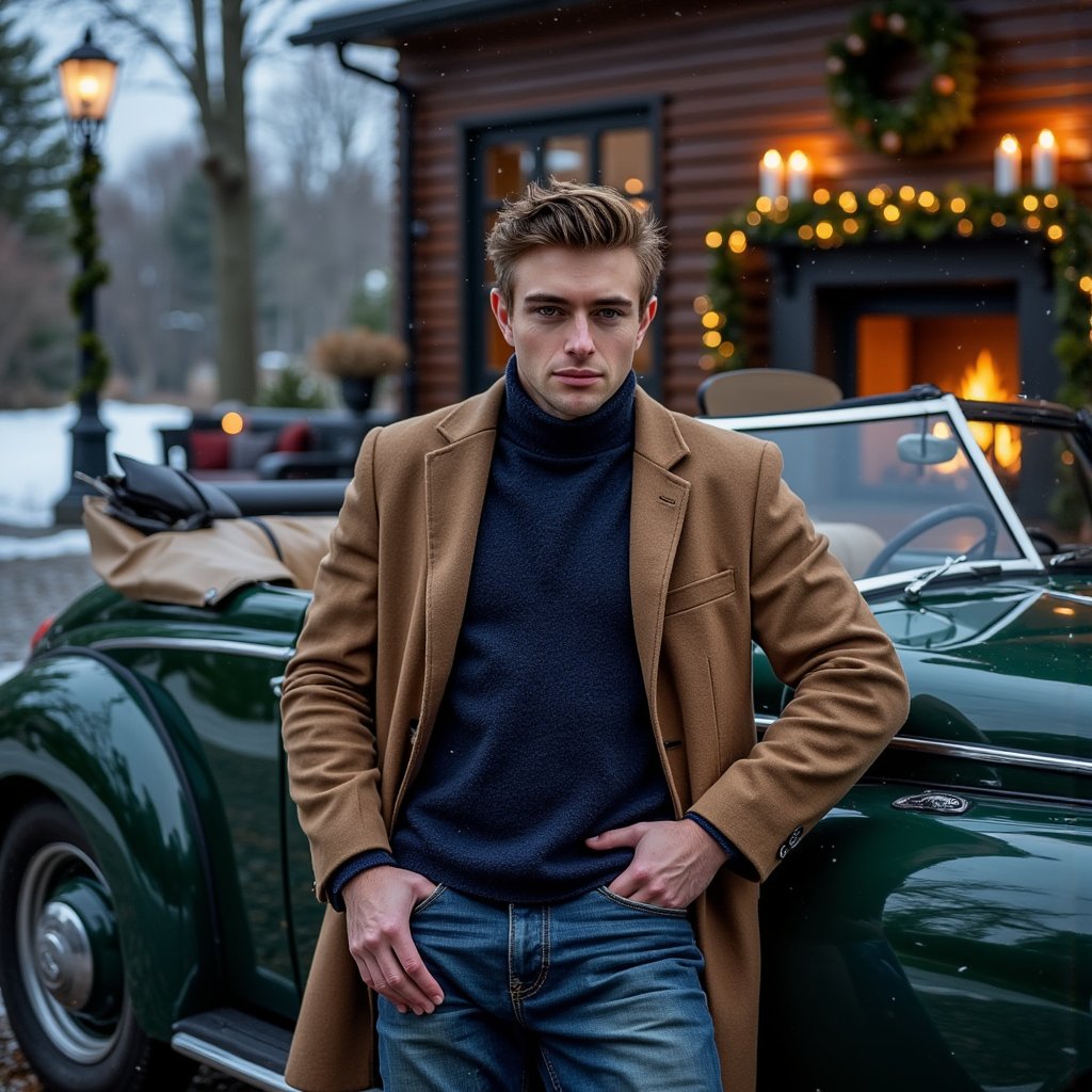 Man leaning against a deep-green vintage convertible parked near a pine-lined driveway, subtle snowfall. Hairstyle: slicked back with matte finish, short beard trimmed. Attire: camel wool coat, navy cashmere scarf. Fabric details: crisp wool texture, fine cashmere fibers. Camera: slightly low angle, 35mm, f/2.0 for cinematic perspective. Lighting: cool blue dusk ambient + warm reflection from nearby holiday lights. Background: blurred evergreen garlands wrapped around lampposts, faint glow of mansion windows. Pose: relaxed, one hand in pocket, the other on car edge. Render: highly detailed, highly realistic, HDR; reflections visible on coat buttons and car chrome.