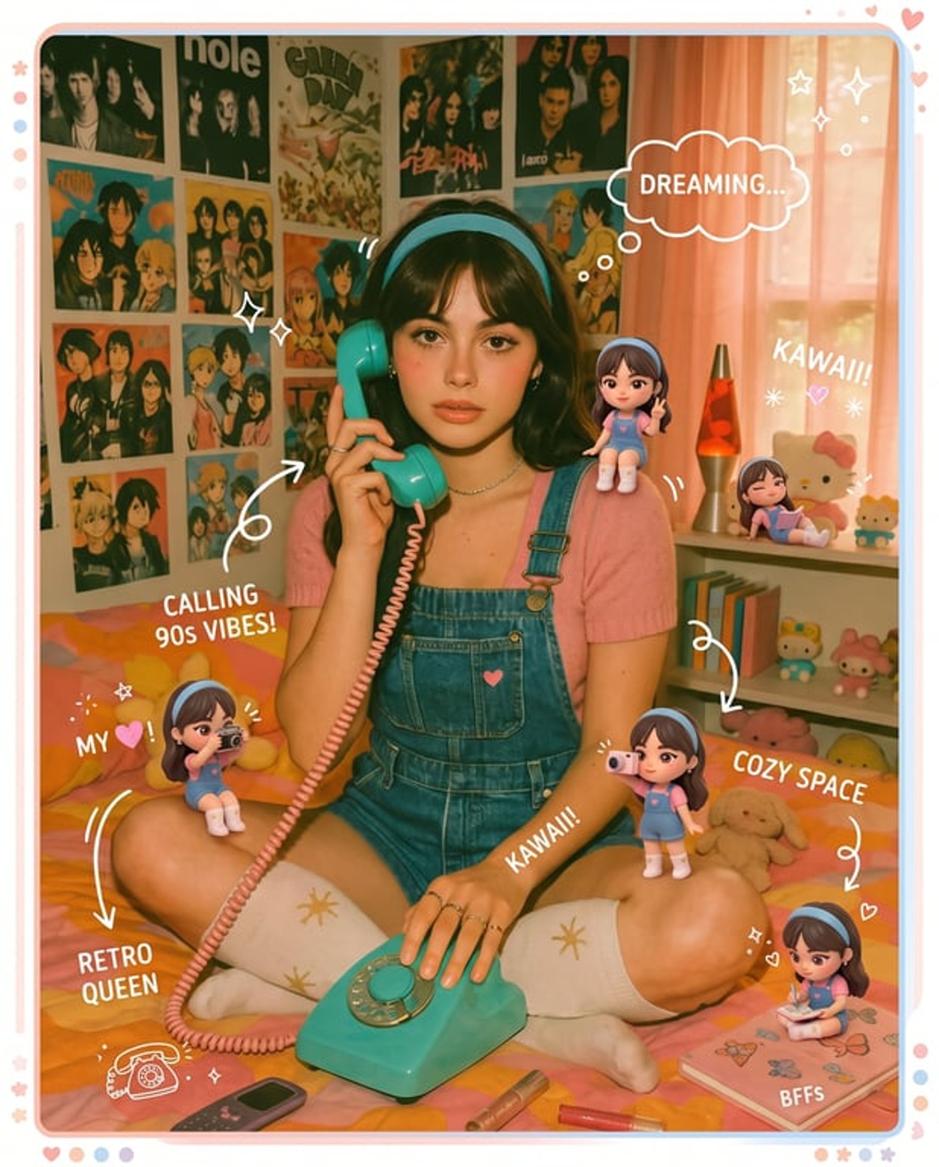 Transform the provided reference image into a cozy aesthetic scrapbook-style composition while strictly preserving the original subject, identity, pose, lighting, and background.

Add multiple small “mini version” characters of the same person (chibi / doll-like style), placed naturally around the scene (on objects, table, shoulder, etc.). These mini figures must match the subject’s face, hairstyle, outfit, and vibe consistently, styled as cute 3D collectible figurines. Show them doing different activities (reading, posing, taking photos, relaxing).

Overlay handwritten-style doodles and annotations across the image: arrows, hearts, stars, sparkles, icons, and playful captions connected to elements in the scene.

Use a soft pastel color palette (white base with pink, peach, blue accents).

Keep the frame visually rich and filled but balanced and clean.

Style: warm, cozy lighting, dreamy Instagram scrapbook aesthetic, soft depth of field, highly detailed, polished but playful.

The final result must look like the SAME original image enhanced with mini alter-egos and aesthetic annotations — not a recreated or different scene.