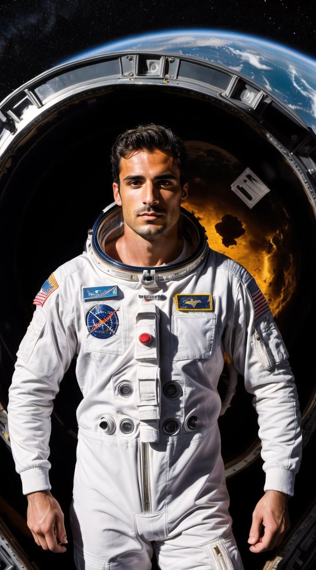 Heroic astronaut in spacesuit, vibrant lighting, tech-inspired backdrop.