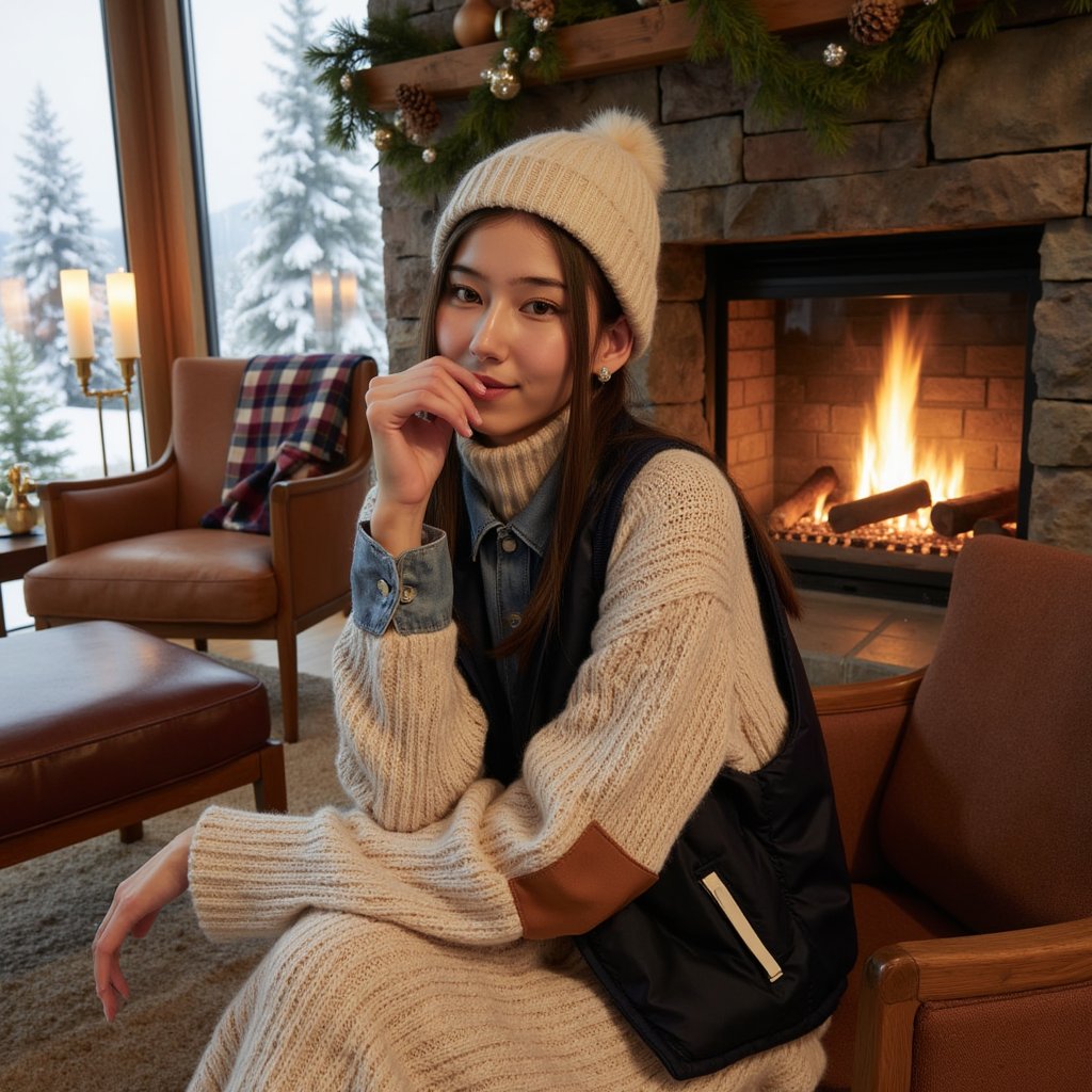 Woman seated near a stone fireplace in an alpine-style lodge; direct gaze, relaxed smile. Hairstyle: loose center-part waves tucked into a ribbed wool beanie. Attire: chunky cable-knit cashmere sweater layered over a collared chambray shirt; quilted vest open; suede elbow patches visible. Fabric details: cable depth, cashmere fuzz, chambray weave, matte nylon quilting. Camera: eye-level, 50mm, f/1.8 for strong subject isolation. Lighting: warm fireplace key + cool window fill for dimensional contrast; subtle rim from sconce. Background: blurred plaid stadium blanket on chair, pine boughs with pinecones, weathered leather armchair, minimal clutter. Pose: forearms resting, shoulders cozy. Render: highly detailed, highly realistic, HDR; maintain natural skin texture and detailed knit fidelity.