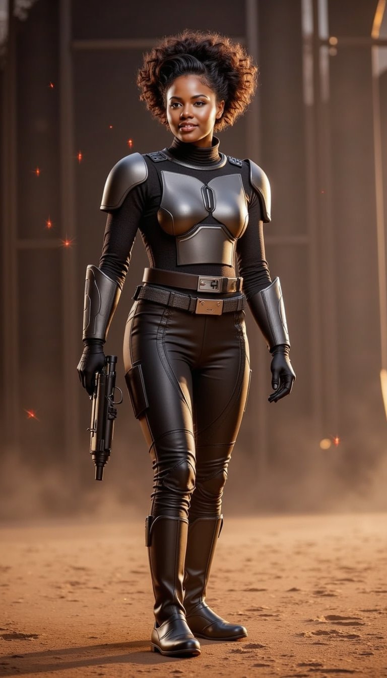 A futuristic bounty hunter in Mandalorian-style armor with helmet off, holding a blaster confidently, standing in a dimly lit spaceship hangar with sci-fi textures, sparks and dust in the air, desert hints of Tatooine in the background, heroic expression
