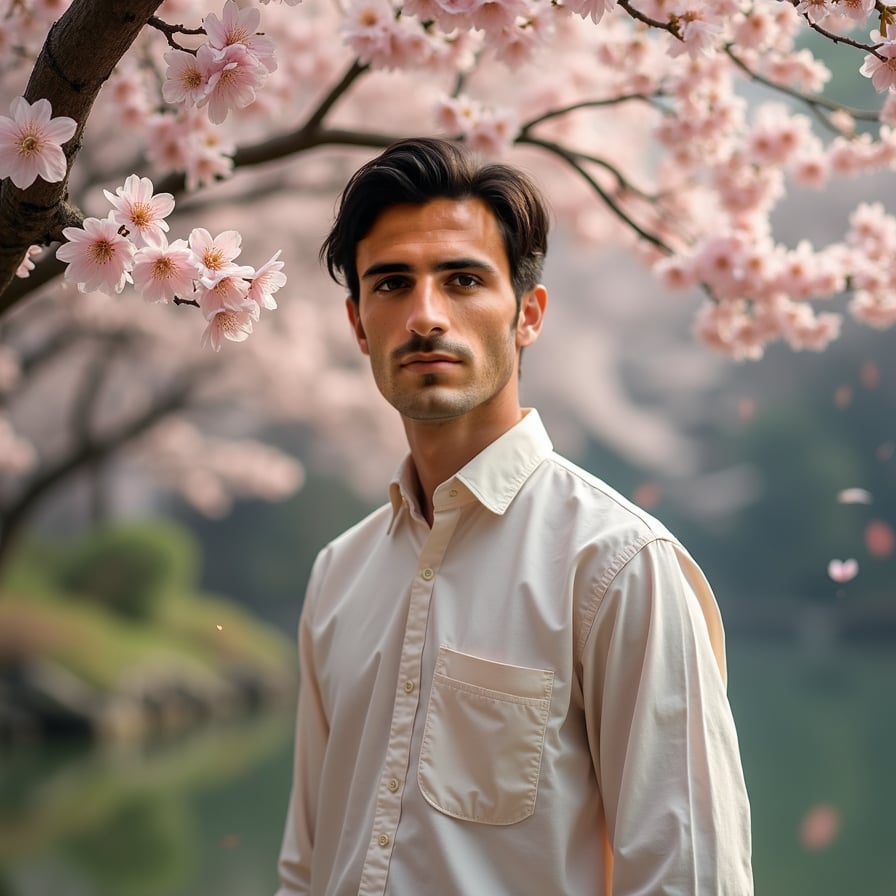 Man surrounded by gently falling sakura blossoms, wearing a casual yet elegant attire, gentle smile, soft focus, warm pastel hues, serene natural lighting, calm atmosphere, tranquil expression, standing in a serene Japanese garden, with a subtle mist in the background