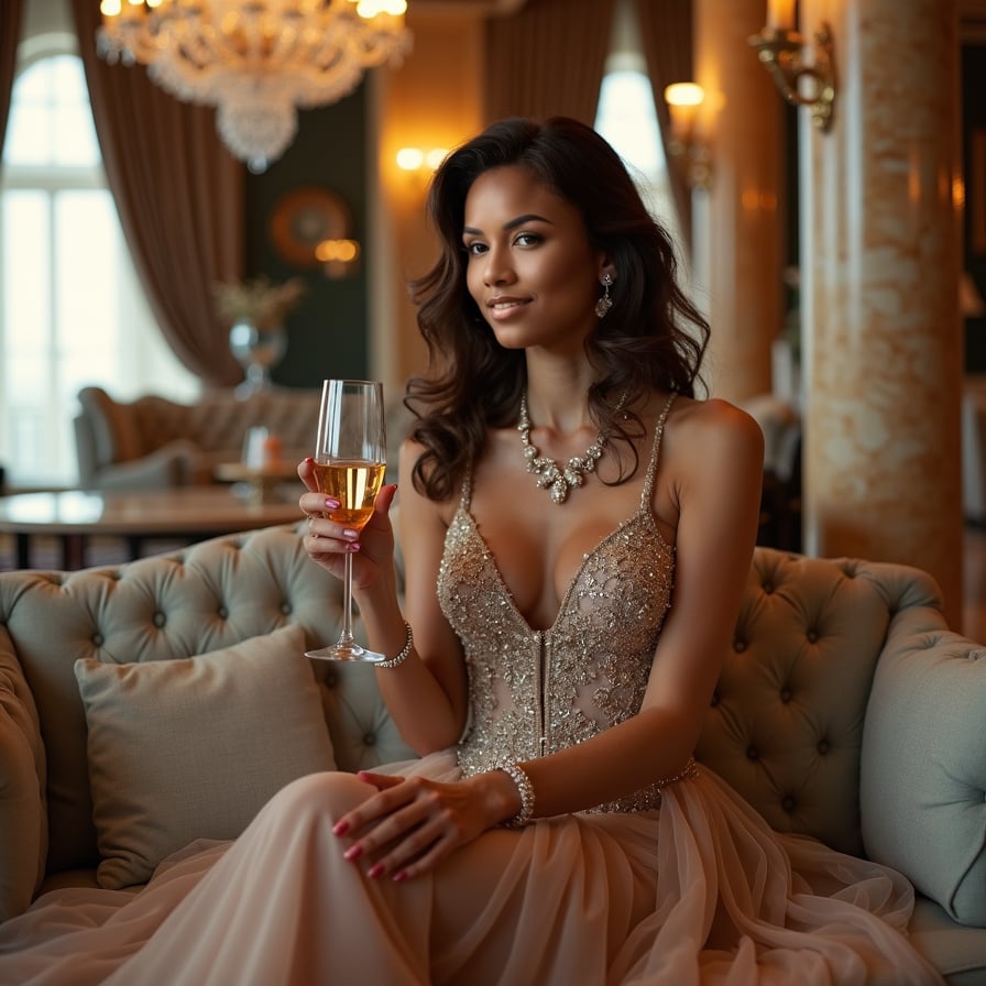 woman in luxurious villa living room, adorned with elegant jewelry, wearing a designer evening gown, champagne flute in hand, surrounded by lavish decorations, warm ambient lighting, capturing the essence of opulence and sophistication.