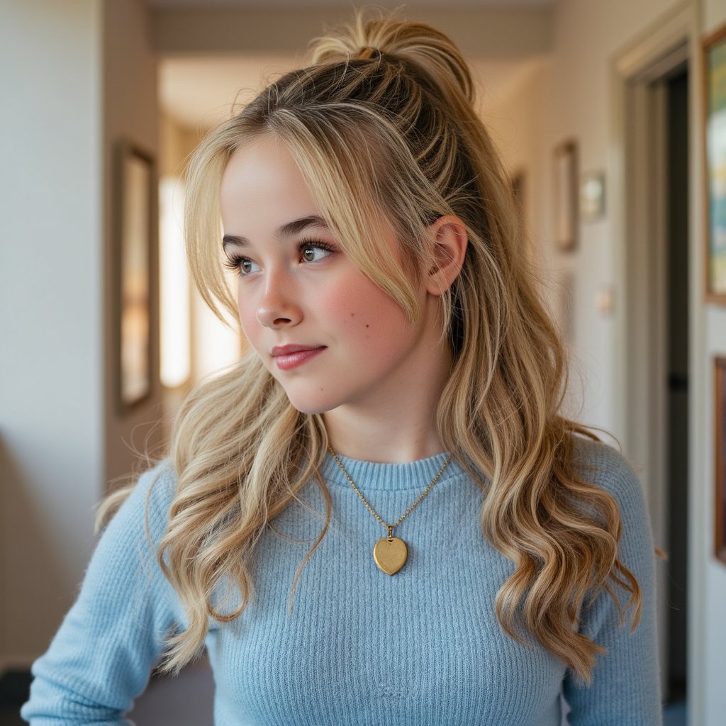 Ultra-realistic 1960s senior girl portrait, shot waist-up with an 85mm lens, shallow depth of field. She wears a fitted pastel blue wool sweater with a fine ribbed neckline, the weave visible in high resolution. Hair is styled in a high beehive, perfectly teased and pinned, with curled ends framing her jawline. A thin gold chain necklace with a small locket rests against the sweater, catching a pinpoint of light. Her eyes are hazel with natural light catch, lashes thickened with mascara, and a faint winged eyeliner. Skin shows lifelike texture — fine peach fuzz near the temples, soft freckles on the cheeks, and a natural sheen across the T-zone. Lips are lightly glossed pink, corners slightly upturned. Studio three-point lighting with a warm fill on the left, giving depth to cheek contours. Background is a smooth taupe muslin, blurred for subtle tonal gradient.