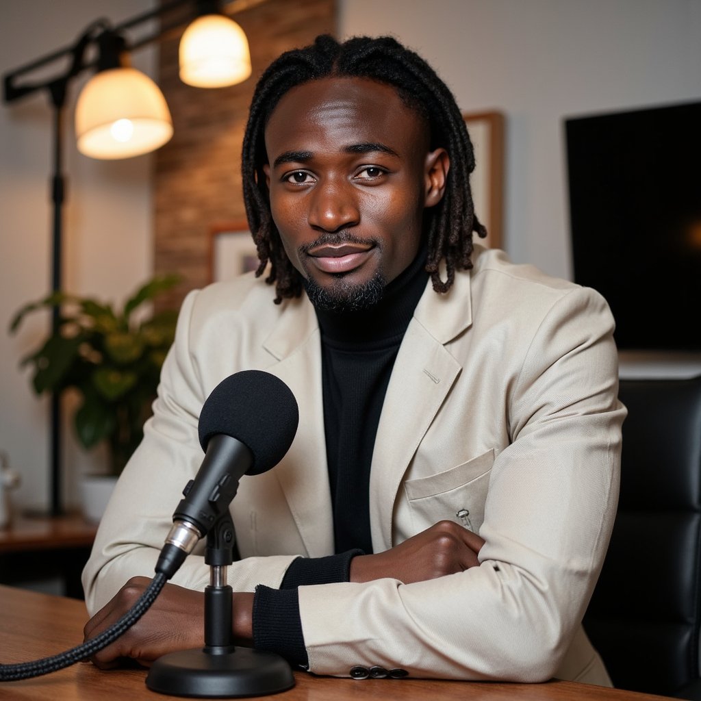 Highly detailed, highly realistic, HDR, 8k podcast host in a modern studio; camera: 50mm, f/1.8, seated three-quarter shot; lighting: ring light key + soft practical lamps behind, warm rim; pose: leaning into a broadcast mic with pop filter, elbows on walnut desk; facial detail: subtle smile lines, natural under-eye texture; attire: black crewneck knit, textured cotton; hair: shoulder-length waves, tucked behind one ear; background: acoustic panels and a single plant, softly blurred, minimal clutter; include braided XLR cable detail; color: warm tungsten with gentle falloff.