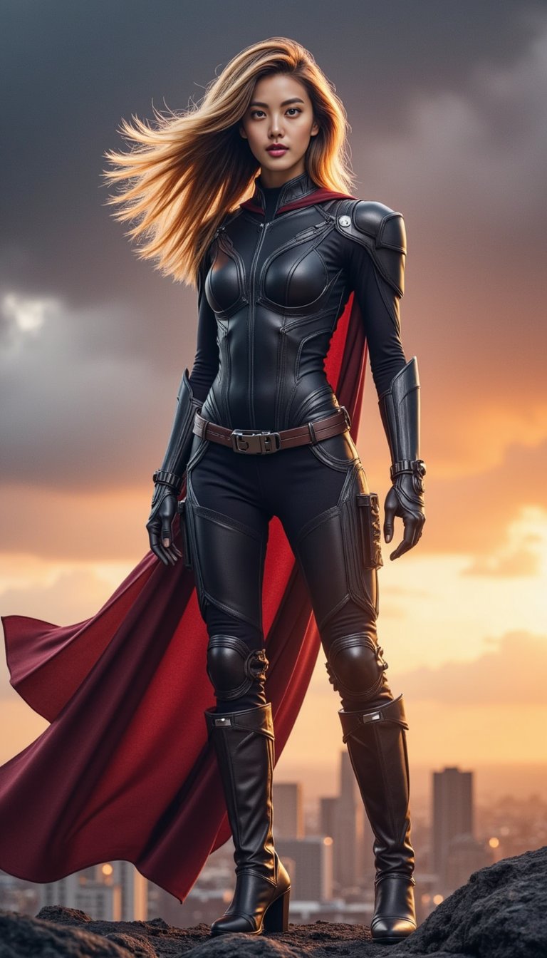 A next-gen superhero stands tall against a stormy skyline, cape fluttering slightly in the wind, jaw set with resolve. Their outfit is minimal yet high-concept, blending armor with utility. The shot is wide-angled and dramatic, evoking Marvel-style poster imagery.
