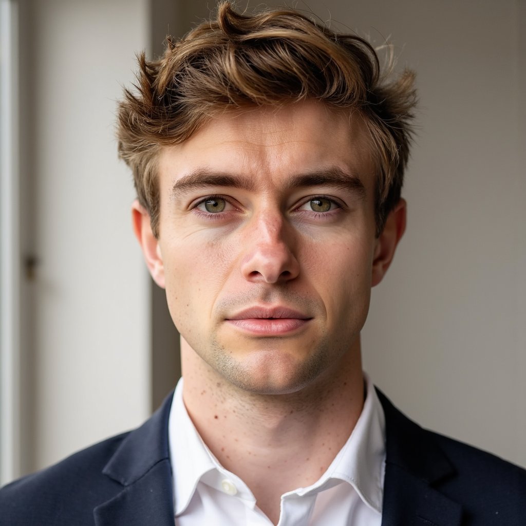 A highly detailed passport photo of a man in his early 30s, captured with natural light. He has short brown hair, neatly styled, and a light stubble on his chin. He is wearing a button-down white shirt, with the collar slightly raised. The background is a soft, muted beige with a slight blur to keep it clean and professional. The lighting is soft, with natural daylight coming from the left, illuminating his face, creating a soft, natural glow on his skin. The camera angle is straight on, slightly above eye level, with the subject looking directly into the camera with a neutral expression. The fabric of his shirt is crisp and highly detailed, showing texture and folds. This shot is HDR to emphasize facial features and the texture of his attire, ensuring every detail is captured.