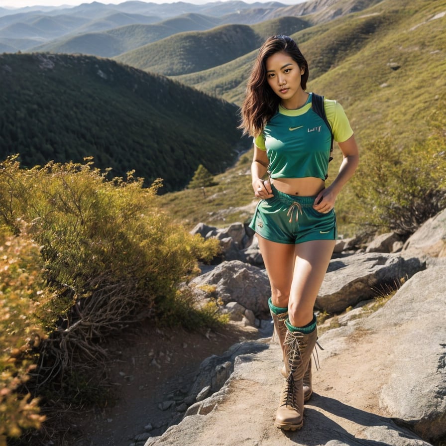 Determined woman on trek, snow-capped peaks, glowing light.