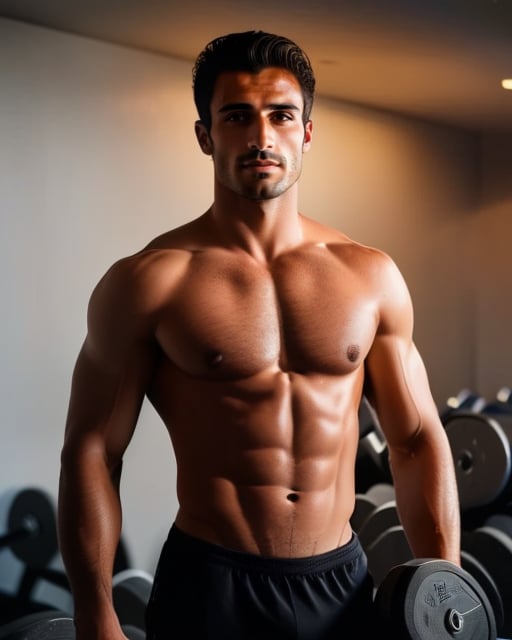 Muscular man, gym setting, confident pose, athletic, natural lighting.