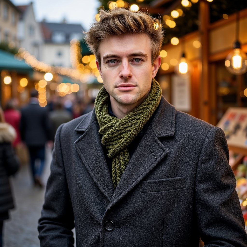 Head-and-shoulders portrait of a man at a Christmas market, framed slightly off-center. He wears a charcoal wool peacoat and a textured olive knit scarf wrapped neatly.
Hair: styled with matte texture; short beard with crisp definition.
Lighting: warm market stall lights from behind creating golden rim light, with soft diffused key from the front.
Background: blurred warm bokeh from market booths and string lights—no clutter, clean, inviting glow.
Camera: 50mm f/1.6; highly realistic, highly detailed, HDR, revealing wool fibers, scarf stitching, and rich market light.