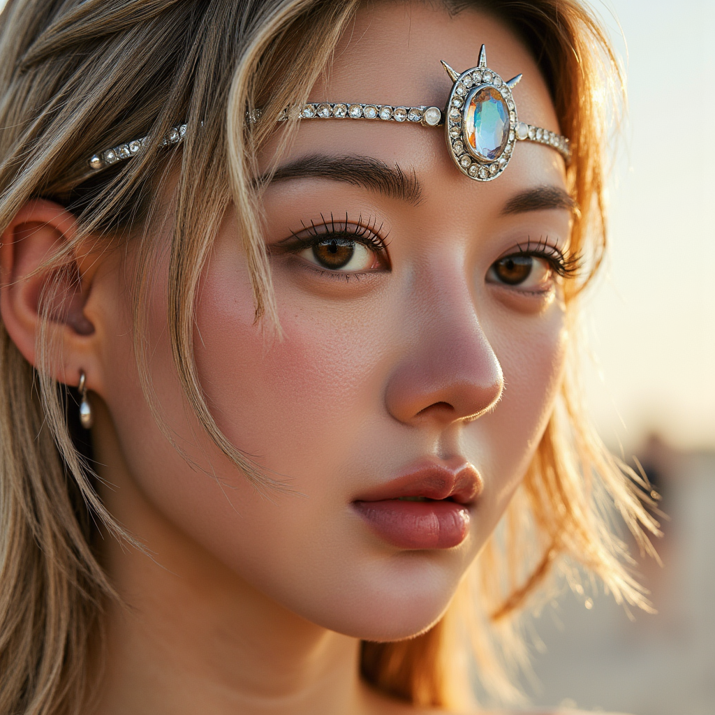 Close-up of a reflective, dust-covered face with crystalline forehead ornament, 