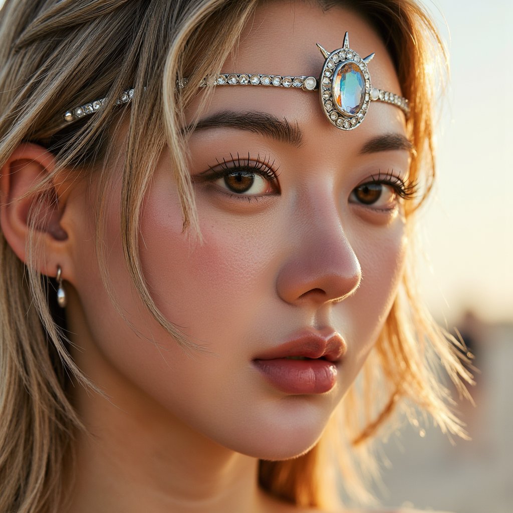 Close-up of a reflective, dust-covered face with crystalline forehead ornament, golden light across cheekbones, captured in the stillness of Burning Man 2025