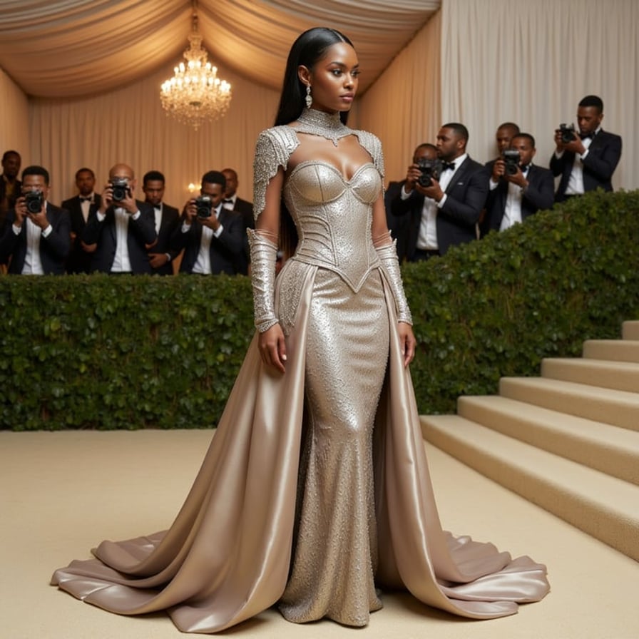 A full-body couture portrait at the Met Gala of a woman wearing an extravagant armor-inspired dress in platinum, pearl, and soft champagne tones. The bodice is sculpted like ornate fantasy armor with crystal filigree, while the skirt flows into soft silk layers and a long royal train. Add shoulder ornaments, a dramatic headpiece, and bold jewelry for a warrior-queen look. Prestigious gala carpet, paparazzi, hedges, floral decor, and luxury lighting. Photorealistic, powerful, high-fashion editorial.