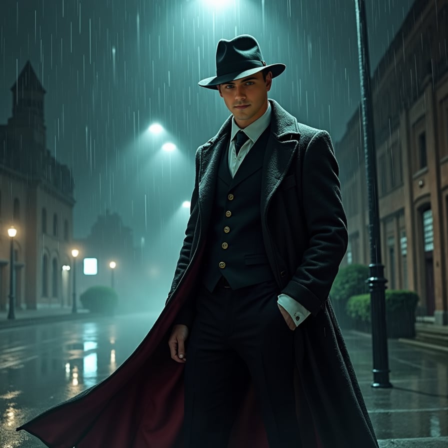 Depict a vampire detective standing under a streetlight on a rainy city street at night. He’s dressed in a long, dark trench coat and a fedora, with shadows partially obscuring his face, revealing only sharp, pale features and piercing eyes. Raindrops glisten on his coat, and the city lights reflect off the wet pavement around him. His expression is focused and brooding, giving the scene a noir-like, suspenseful feel.