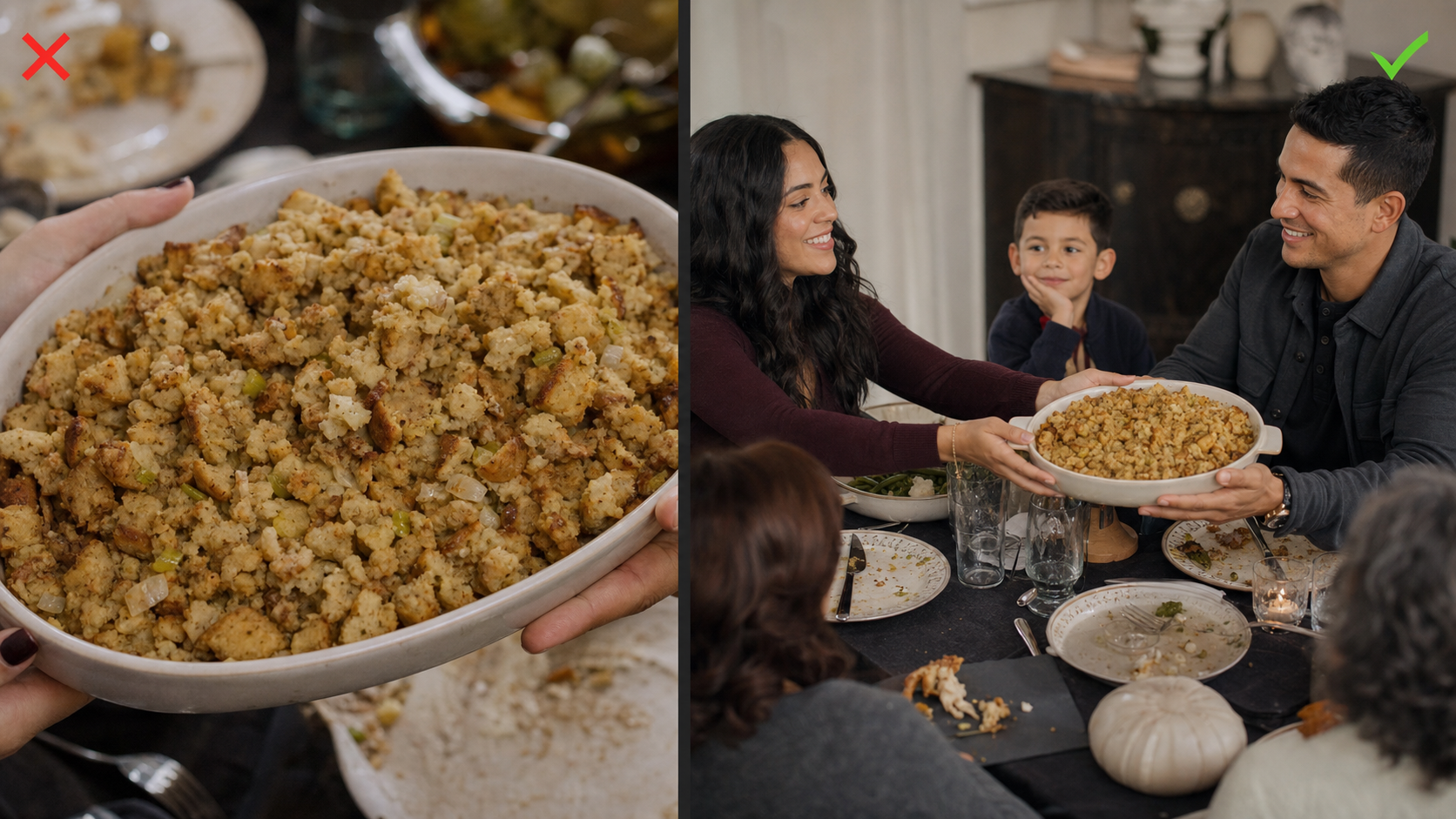 Comparison showing a food close-up and a Thanksgiving serving dish handoff