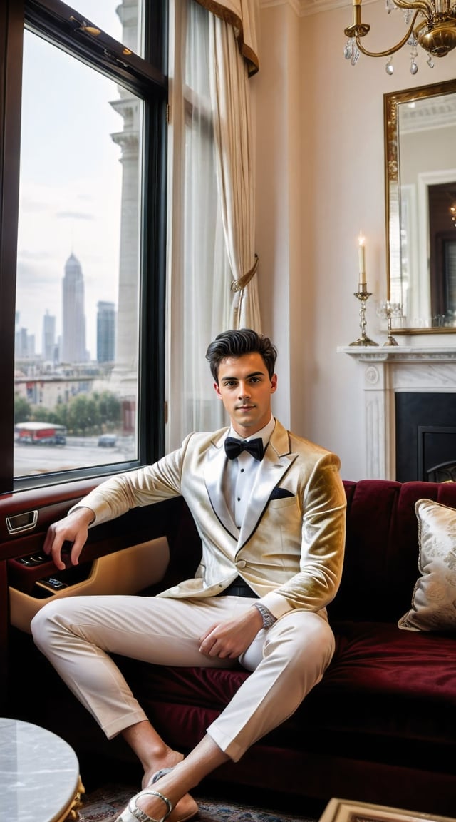 Luxurious man in tuxedo, opulent decor, velvet sofa.
