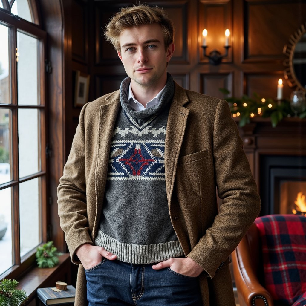 Man standing near a mullioned window, body angled 30° from camera, eyes to lens, calm expression. Hairstyle: side-part with light pomade, neatly trimmed beard. Attire: heritage Fair Isle wool sweater layered over an Oxford shirt; tweed sport coat draped over shoulders; wool scarf loosely looped. Fabric details: jacquard knit definition, tweed herringbone, oxford weave. Camera: slightly above eye-level, 50mm, f/2.2. Lighting: cool daylight key through window + warm bounce from room for mixed-temperature holiday glow. Background: blurred evergreen boughs, leather-bound books, subtle tartan throw on a chair; minimal objects, no clutter. Pose: one hand lightly touching scarf edge. Render: highly detailed, highly realistic, HDR; crisp knit pattern; lifelike eye catchlights.