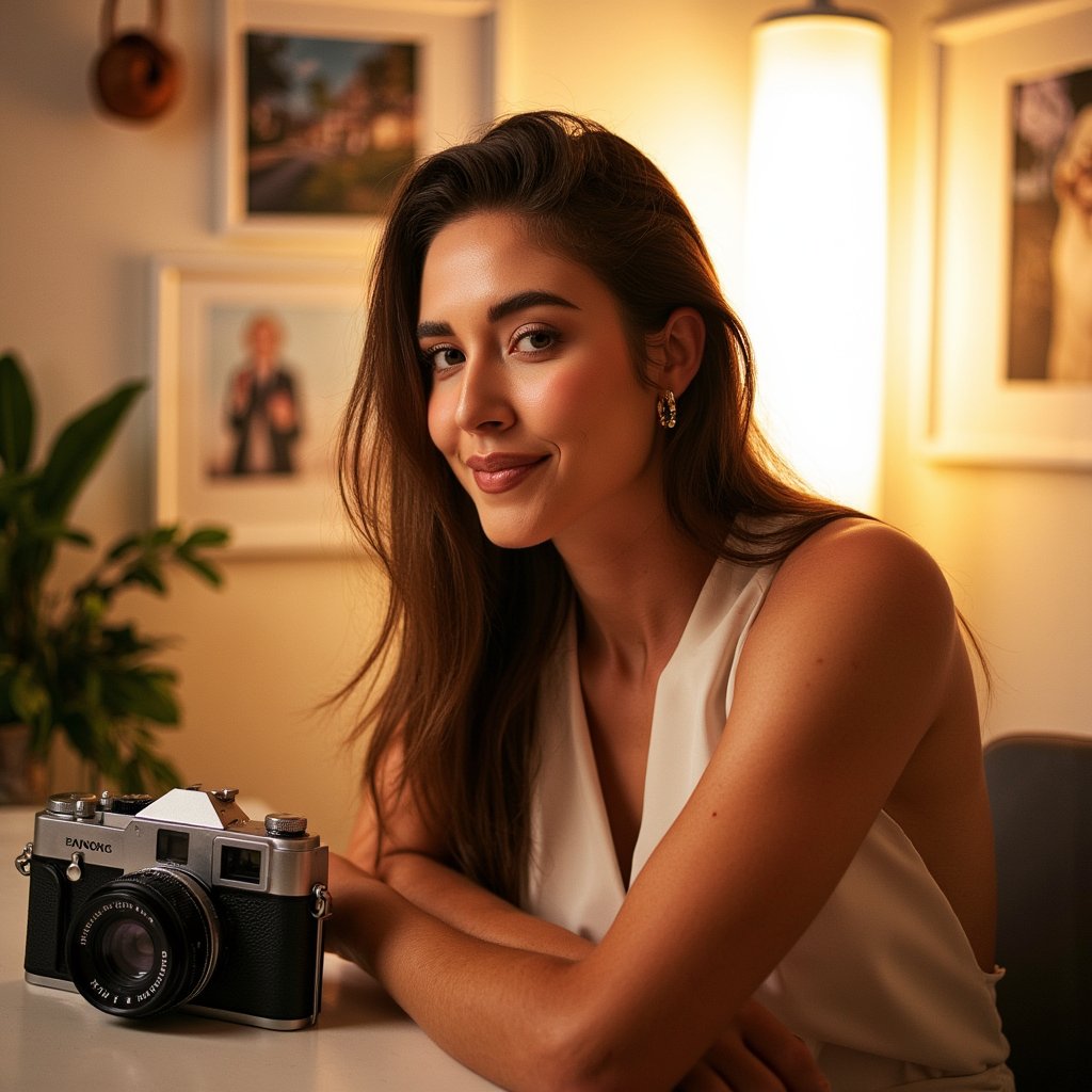 Cinematic headshot of a creative woman with a vintage film camera, soft golden backlight, candid smile, artistic tribute for World Photography Day